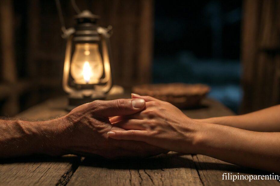 Interlaced hands by lamplight representing Tagalog Quotes Love as Sanctuary Connection.