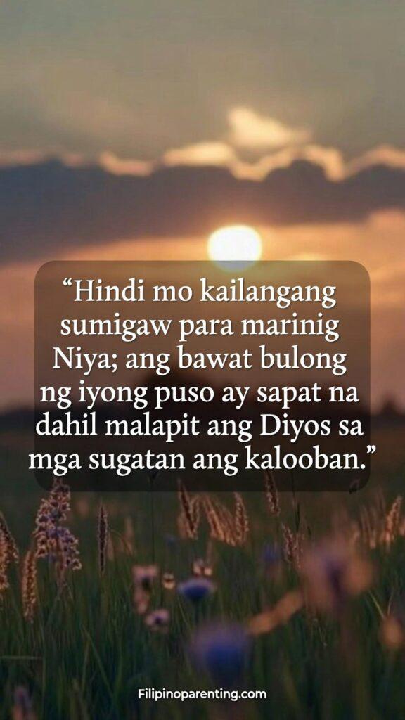 Tagalog Quotes: Malapit ang Diyos – 5 Miraculous Truths A peaceful silhouette of a person in prayer during a soft sunset, featuring a Tagalog quote about God hearing the whispers of the heart.