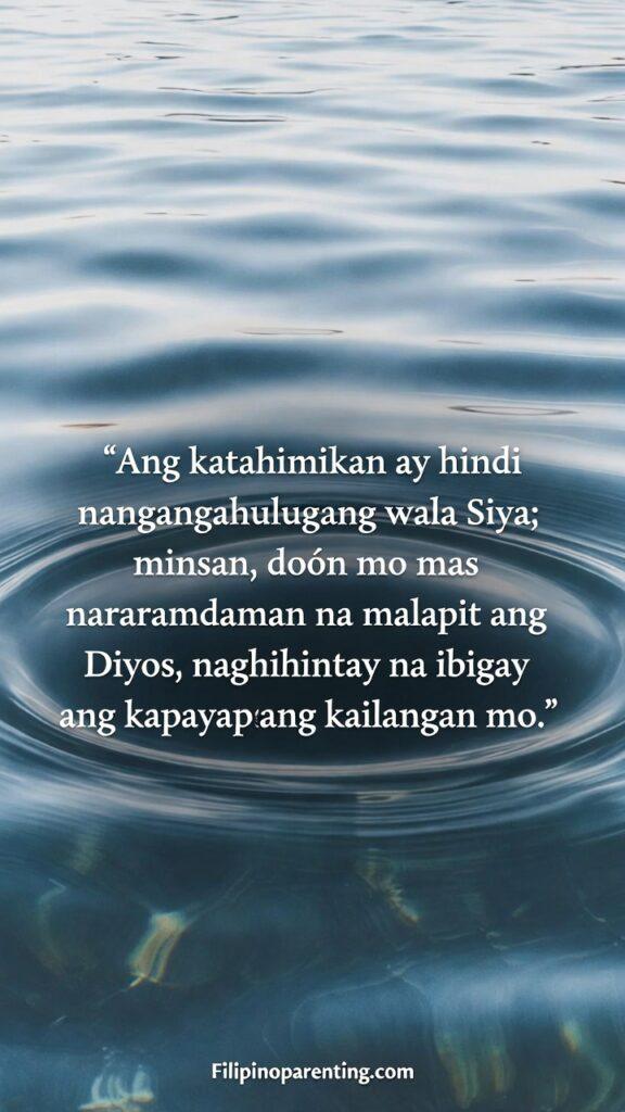 Tagalog Quotes: Malapit ang Diyos – 5 Miraculous Truths A calm lake reflecting a clear sky with a Tagalog quote about feeling God's presence in silence.