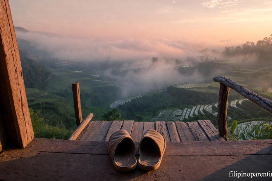 A sunrise over rice terraces representing the presence of God in Tagalog Quotes: Malapit ang Diyos.