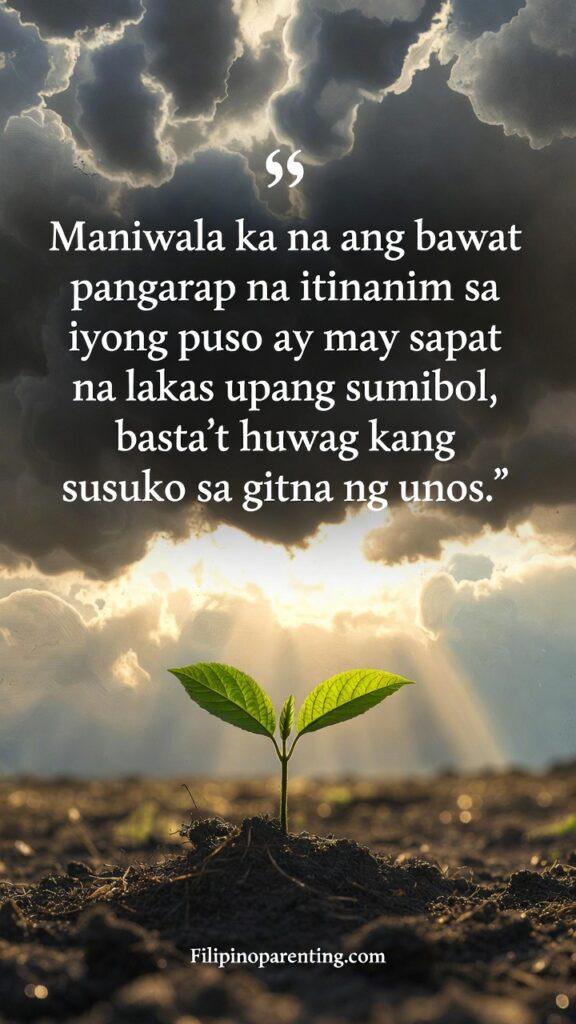 Tagalog Quotes Maniwala Ka Confidence Courage: 5 Unstoppable Truths Sprouting plant after rain with a Tagalog quote about dreams growing through storms.