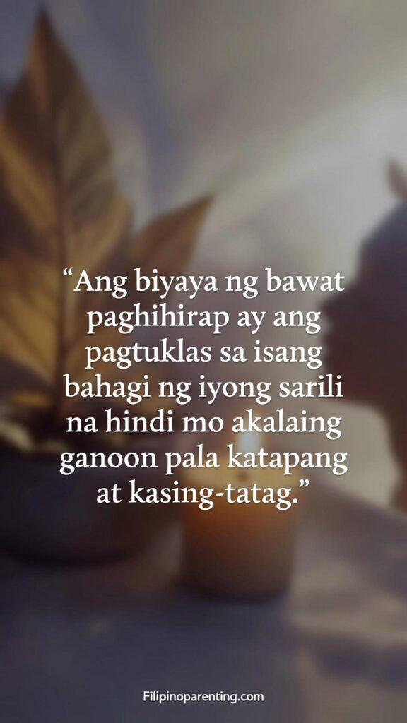 Tagalog Quotes Mas Matatag Overcoming Challenges: 5 Unstoppable Truths Vertical inspirational Filipino artwork about discovering inner strength through hardship.