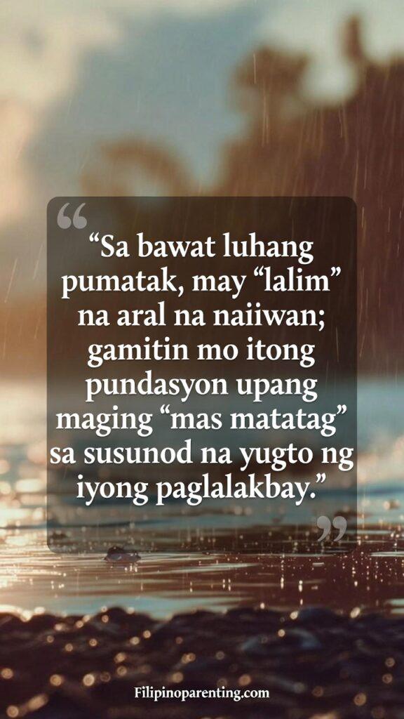 Tagalog Quotes Mas Matatag Overcoming Challenges: 5 Unstoppable Truths Vertical Filipino artwork with rain imagery and a quote about learning from tears.