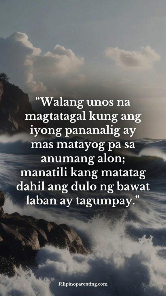 Tagalog Quotes Mas Matatag Overcoming Challenges: 5 Unstoppable Truths Vertical Filipino coastal artwork with a quote about faith rising above storms.