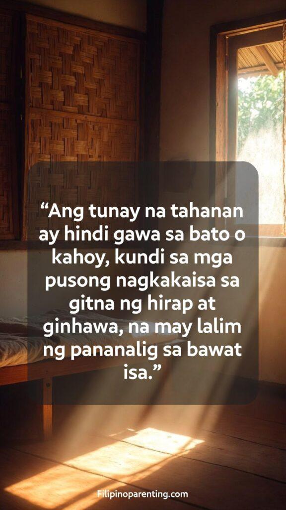 Tagalog Quotes Tahanan ng Puso Family Love Strength: 5 Unbreakable Truths Warm Filipino home interior with sunlight and woven textures highlighting a Tagalog quote about unity and faith.
