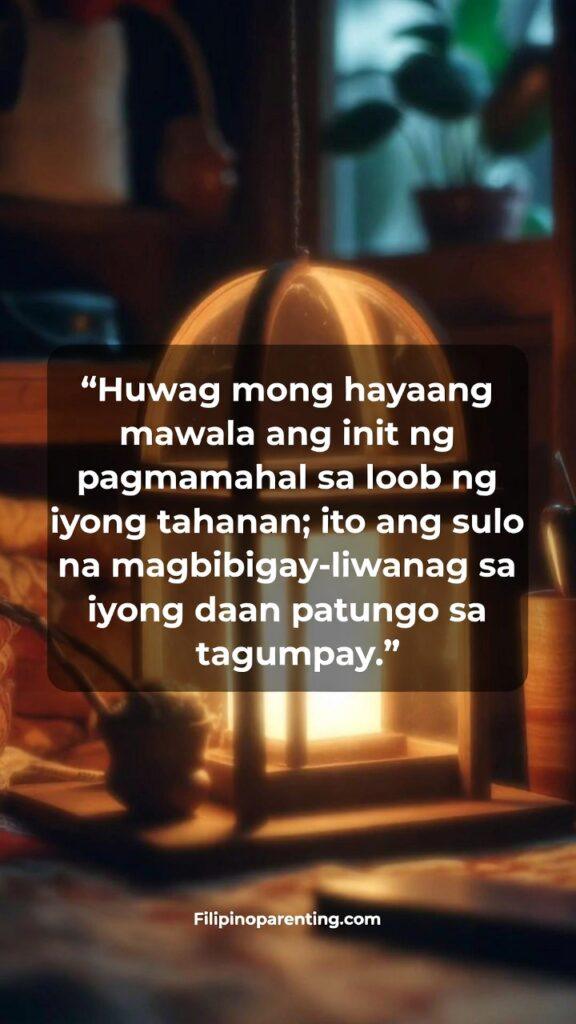 Tagalog Quotes Tahanan ng Puso Family Love Strength: 5 Unbreakable Truths Golden warm light inside a Filipino home illuminating a quote about love guiding the path to success.