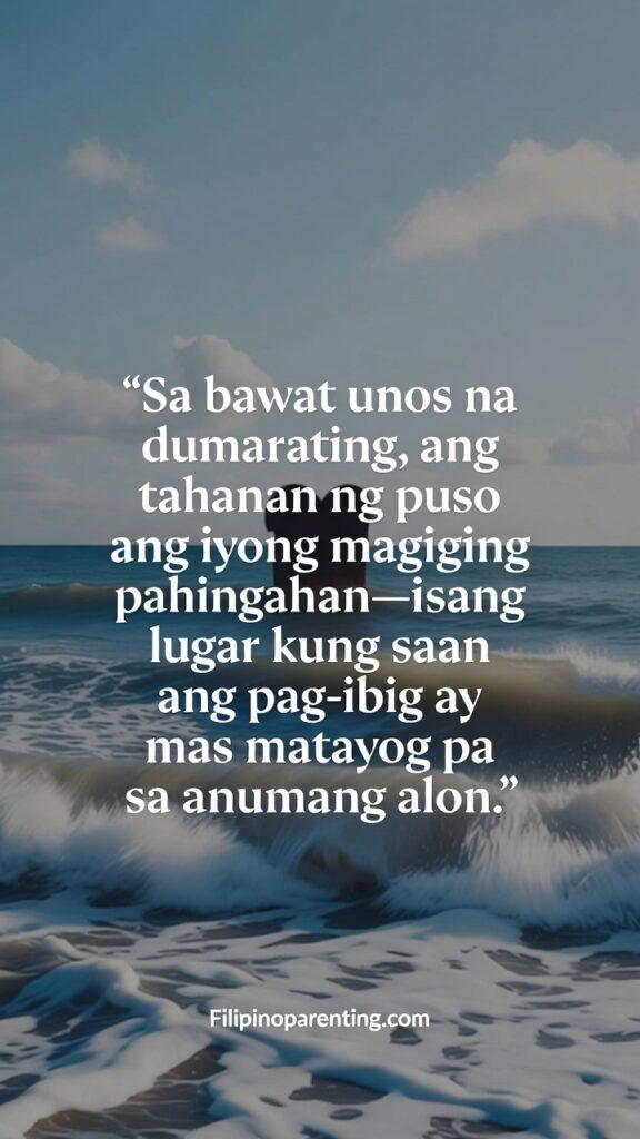 Tagalog Quotes Tahanan ng Puso Family Love Strength: 5 Unbreakable Truths Calm shore and waves with a Tagalog quote about love rising above every storm.