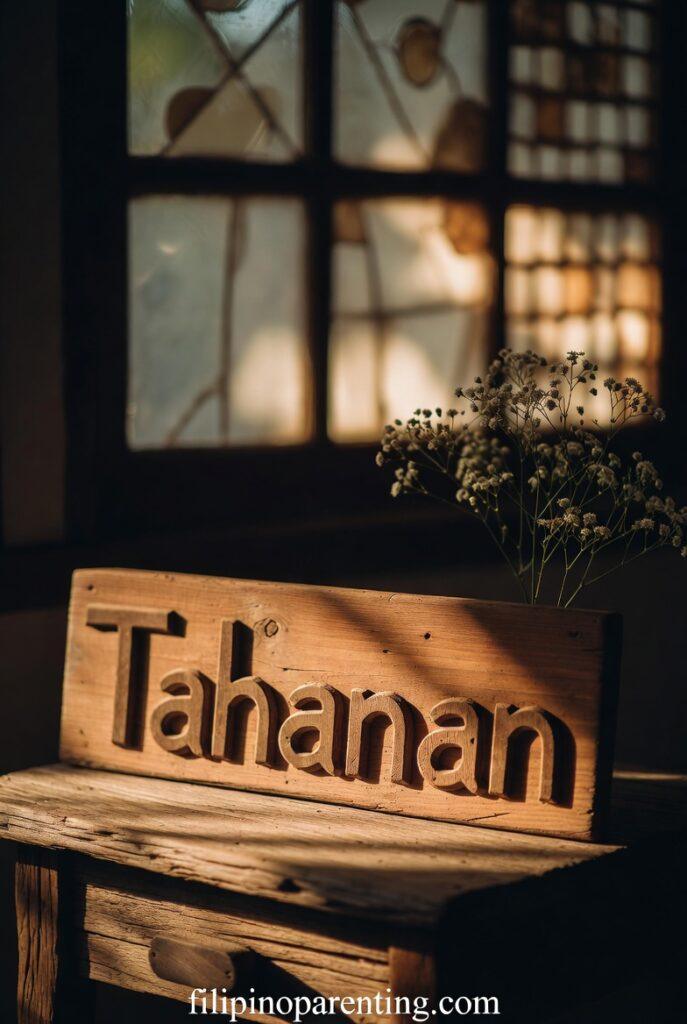 Tagalog Quotes Tahanan ng Puso Family Love Strength: 5 Unbreakable Truths A "Tahanan" wooden sign in a sunlit Filipino home representing Tagalog Quotes Tahanan ng Puso Family Love Strength.