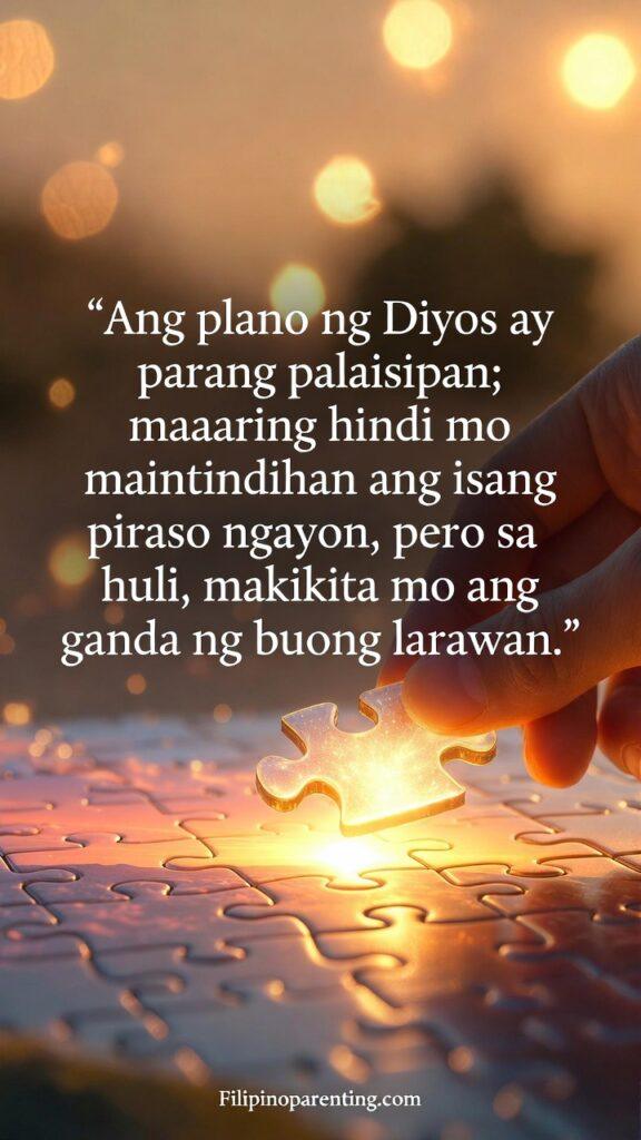 Tagalog Quotes Trusting His Plan Faith Protection: 5 Invincible Truths A celestial hand placing a glowing, intricate puzzle piece into a vast, beautiful landscape that is only partially finished.