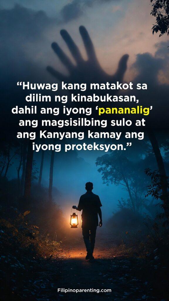Tagalog Quotes Trusting His Plan Faith Protection: 5 Invincible Truths A person holding a lantern in a dark forest with a divine silhouette in the sky and Tagalog text.