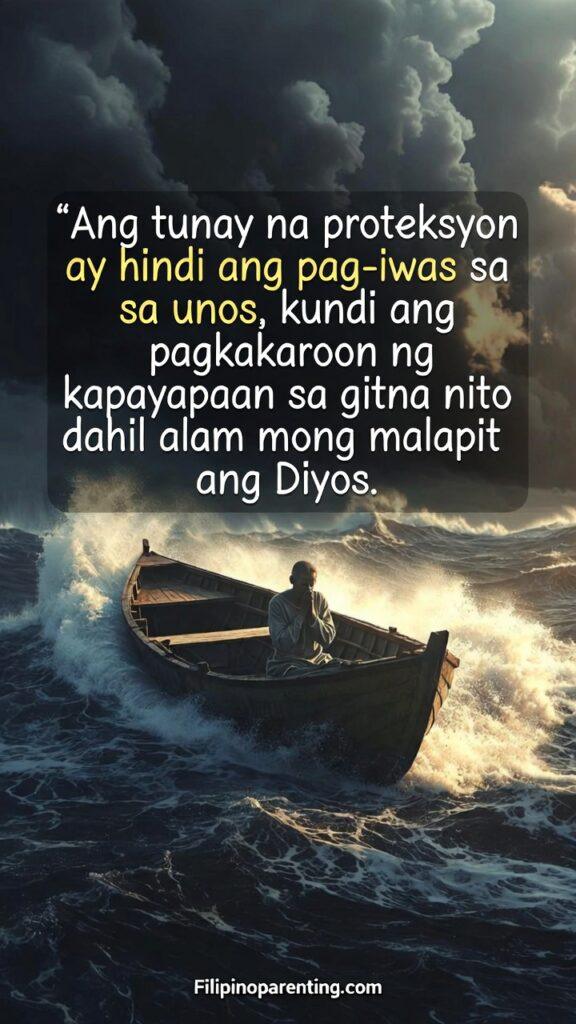 Tagalog Quotes Trusting His Plan Faith Protection: 5 Invincible Truths A calm person in a small boat during a massive ocean storm with Tagalog quote about peace.