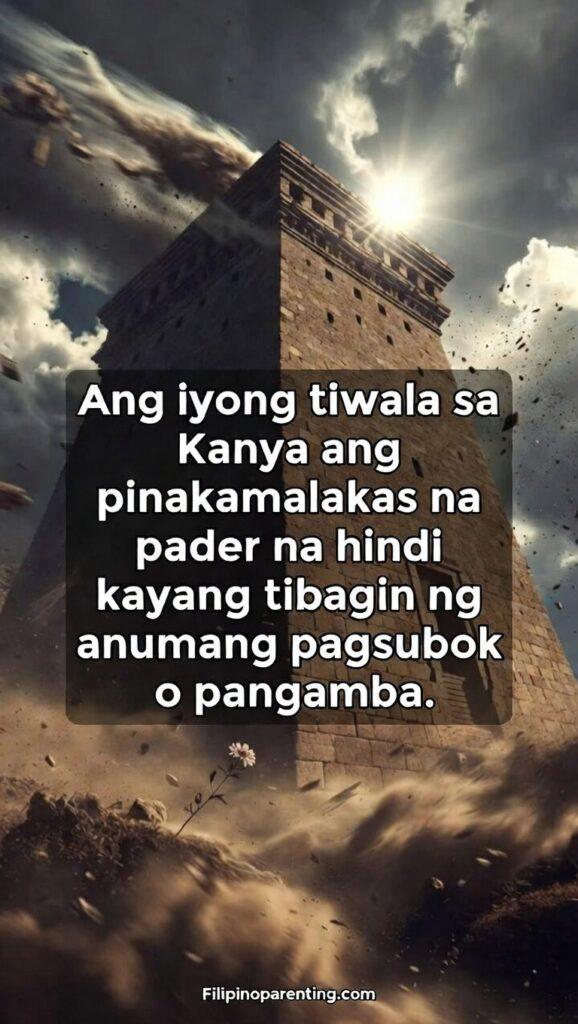 Tagalog Quotes Trusting His Plan Faith Protection: 5 Invincible Truths A giant stone wall protecting a flower from a storm with Tagalog quote about trust.