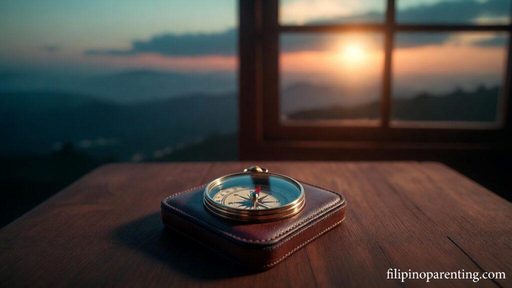 Tagalog Quotes Trusting His Plan Faith Protection: 5 Invincible Truths A compass on a table representing Tagalog Quotes Trusting His Plan Faith Protection.