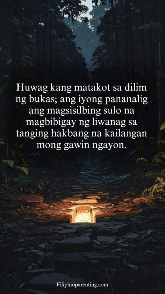 Tagalog Quotes Walking by Faith Not by Sight: 5 Unshakeable Truths A close-up of a person’s feet stepping onto a lit patch of ground in an otherwise dark forest.