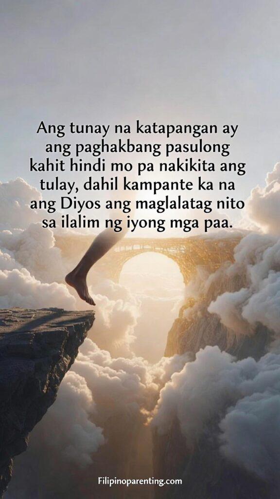 Tagalog Quotes Walking by Faith Not by Sight: 5 Unshakeable Truths A person stepping off a cliff edge into a sea of clouds where a glowing bridge is beginning to form.