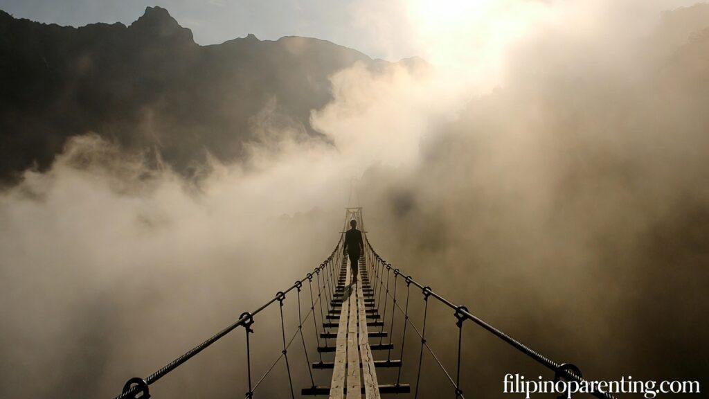 Tagalog Quotes Walking by Faith Not by Sight: 5 Unshakeable Truths A person on a bridge in the mist representing Tagalog Quotes Walking by Faith Not by Sight.