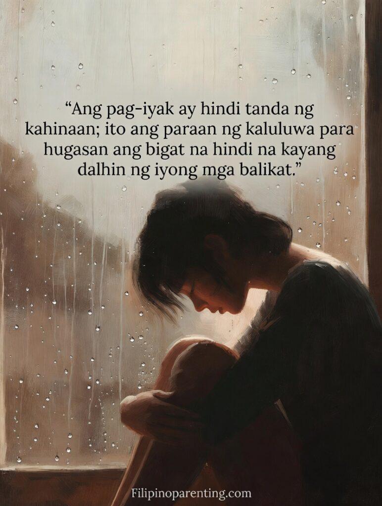 Tagalog Quotes When Life Feels Heavy Tired Heart: 5 Unshakable Truths A reflective person by a rainy window, symbolizing emotional release and healing.