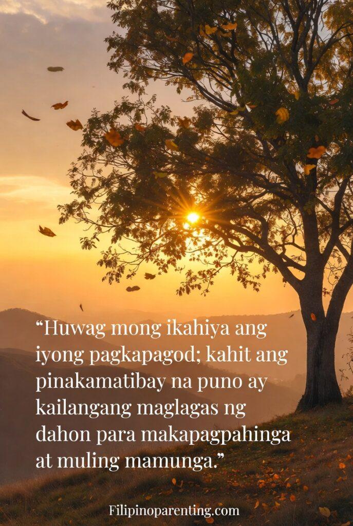 Tagalog Quotes When Life Feels Heavy Tired Heart: 5 Unshakable Truths A sturdy tree shedding leaves at sunset, symbolizing rest and renewal.