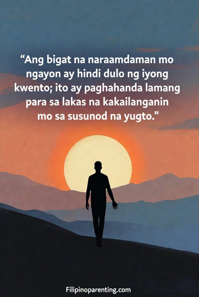 Tagalog Quotes When Life Feels Heavy Tired Heart: 5 Unshakable Truths A person walking toward sunrise over mountains, symbolizing hope and new strength.