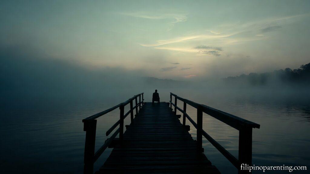 Tagalog Quotes When Life Feels Heavy Tired Heart: 5 Unshakable Truths A person sitting on a pier at dusk representing Tagalog Quotes When Life Feels Heavy Tired Heart.