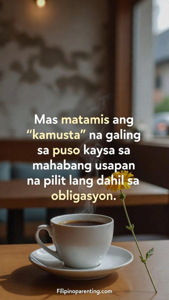 Tagalog Quotes for Authentic Warm Relationships: 5 Unstoppable Truths A steaming cup of coffee on a wooden table next to a handwritten note that says 'Kamusta'.
