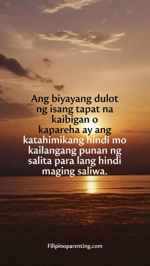 Tagalog Quotes for Authentic Warm Relationships: 5 Unstoppable Truths The background is a peaceful sunset over a calm lake or field. The mood is tranquil.