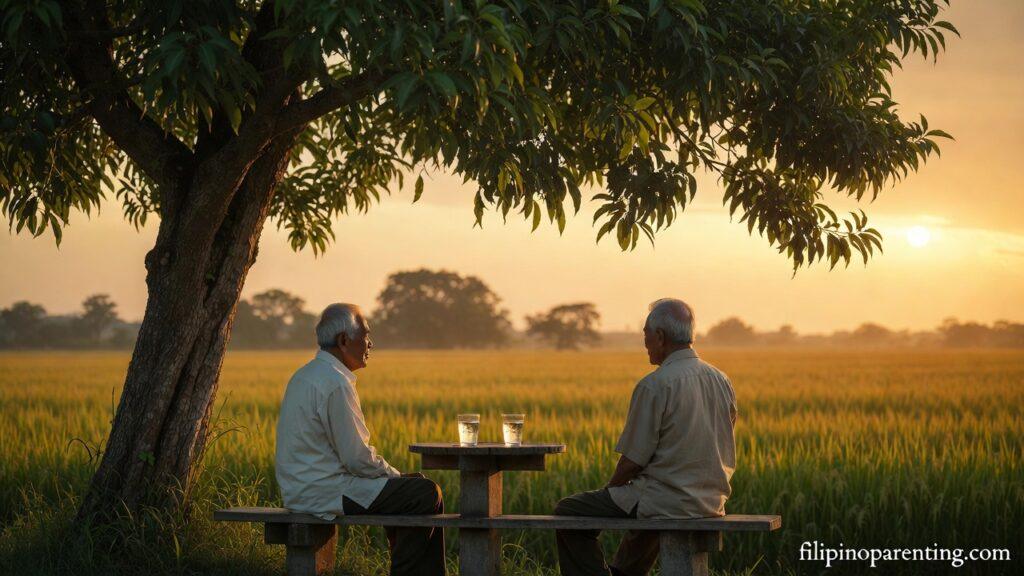 Tagalog Quotes for Authentic Warm Relationships: 5 Unstoppable Truths Two men sitting peacefully under a tree representing Tagalog Quotes for Authentic Warm Relationships.