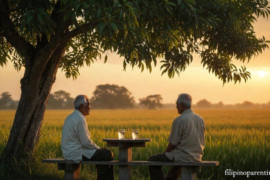 Two men sitting peacefully under a tree representing Tagalog Quotes for Authentic Warm Relationships.