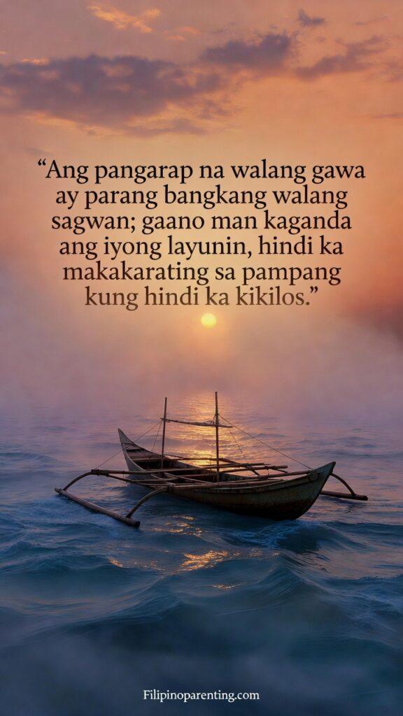 Tagalog Quotes for Dreams, Success, and Hard Work: 5 Unstoppable Truths A lone wooden boat on a calm sea at dawn, emphasizing the lack of oars and the vast distance to the shore.