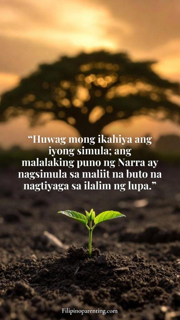 Tagalog Quotes for Dreams, Success, and Hard Work: 5 Unstoppable Truths A close-up of a small green sprout emerging from rich dark soil, with the blurred silhouette of a massive Narra tree in the background.