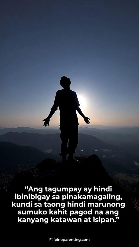 Tagalog Quotes for Dreams, Success, and Hard Work: 5 Unstoppable Truths A person’s silhouette standing on a mountain peak looking at a vast valley, representing the triumph of grit over exhaustion.