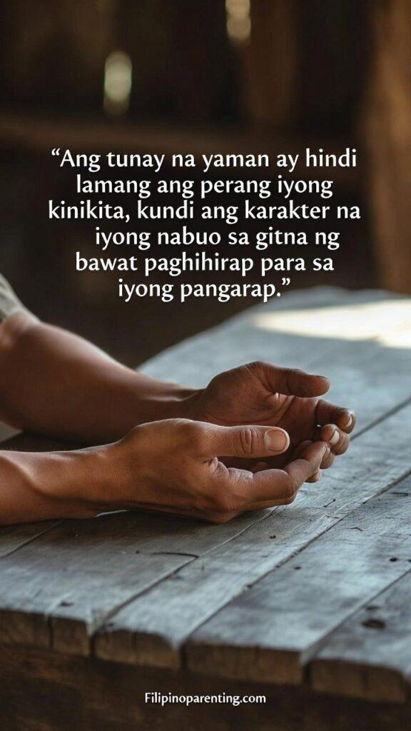 Tagalog Quotes for Dreams, Success, and Hard Work: 5 Unstoppable Truths A pair of weathered, hardworking hands holding a small, glowing light or a simple heirloom, symbolizing character.