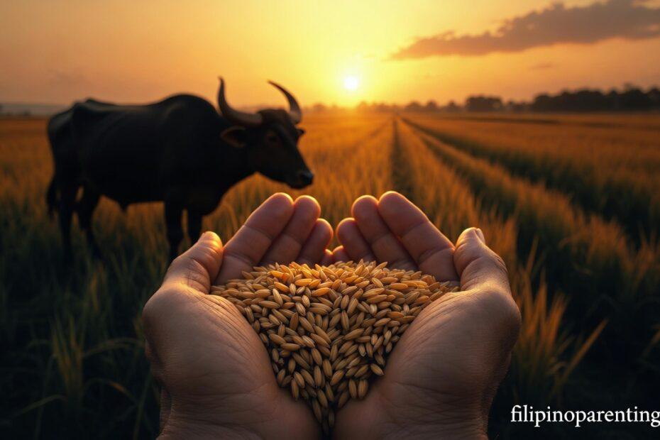 Hardworking hands holding rice grains representing Tagalog Quotes for Dreams, Success, and Hard Work.