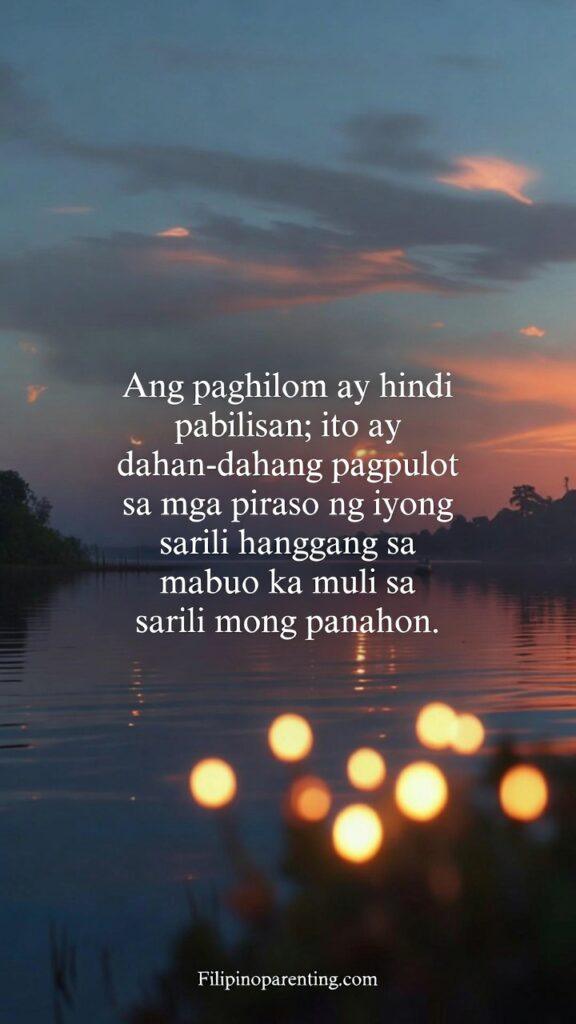 Tagalog Quotes for Healing Broken Heart Slowly: 5 Sacred Truths A vertical 9:16 cinematic image of a peaceful lakeside at dawn with soft bokeh lights.