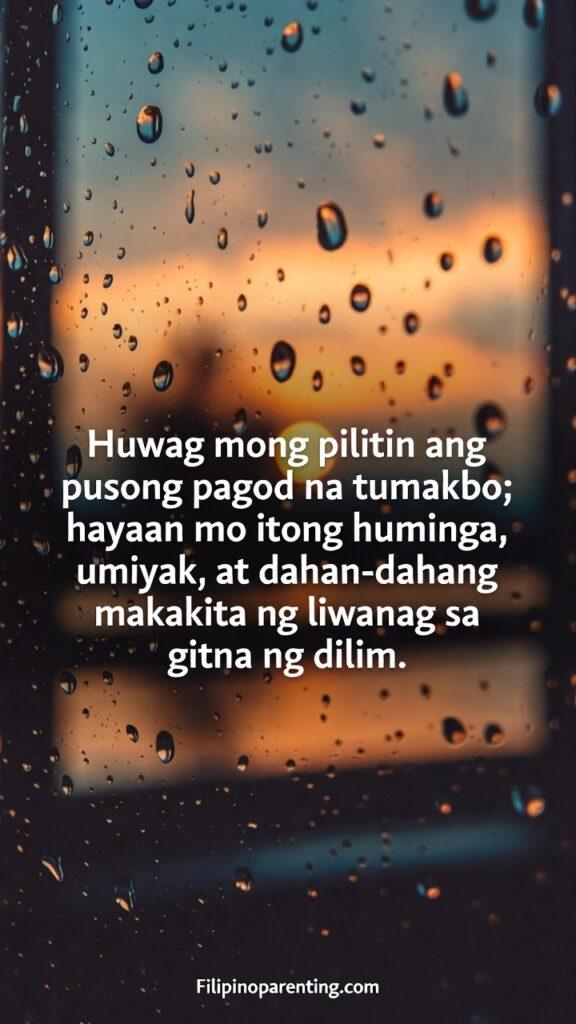 Tagalog Quotes for Healing Broken Heart Slowly: 5 Sacred Truths Close-up of hands holding a warm cup of coffee by a rain-streaked window with Tagalog text.