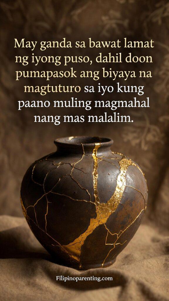 Tagalog Quotes for Healing Broken Heart Slowly: 5 Sacred Truths A piece of traditional pottery with gold-filled cracks (Kintsugi style) on a neutral background with Tagalog text.