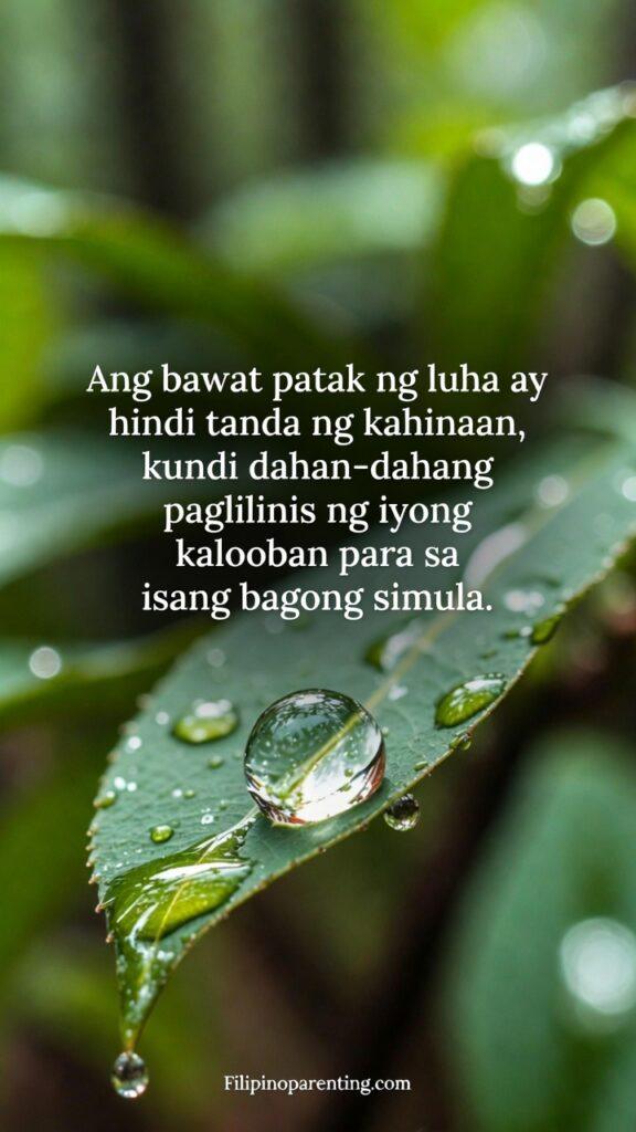 Tagalog Quotes for Healing Broken Heart Slowly: 5 Sacred Truths A single green leaf with a dewdrop falling from it in a lush forest, with Tagalog text.