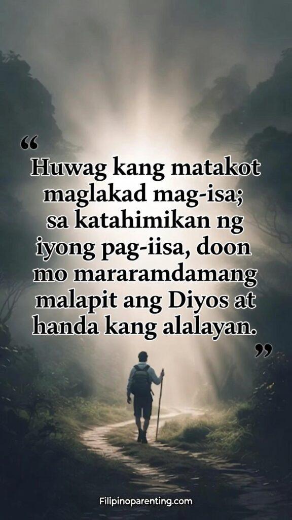 Tagalog Quotes for Healing Broken Heart Slowly: 5 Sacred Truths A lone person walking along a foggy mountain trail at dusk with Tagalog text.