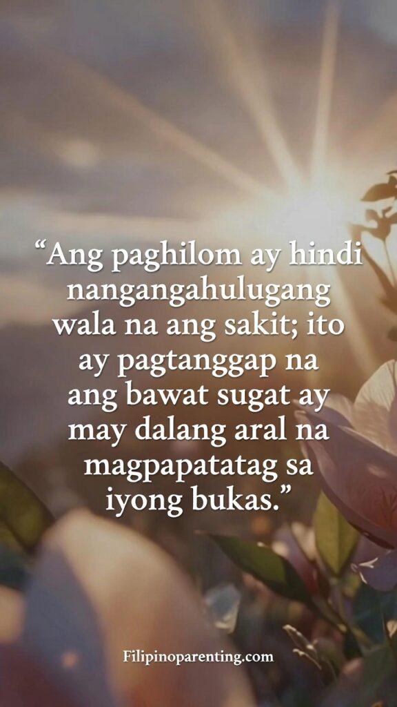 Tagalog Quotes for Healing Heart and Lessons: 5 Miraculous Truths A warm sunrise-themed vertical image with soft textures and the Tagalog quote about healing and learning from wounds.