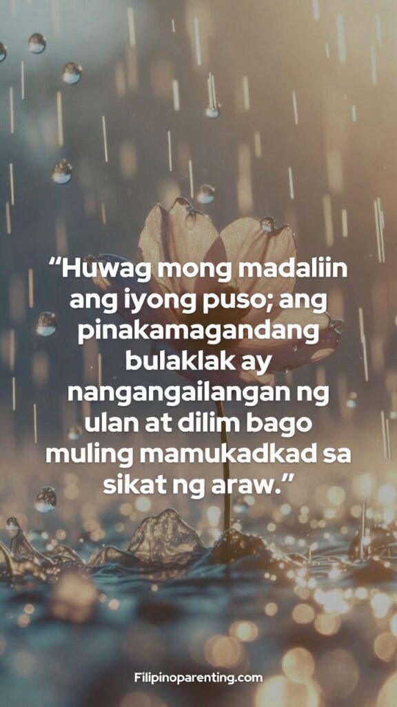 Tagalog Quotes for Healing Heart and Lessons: 5 Miraculous Truths A vertical floral-themed image with soft rain and sunlight, displaying a Tagalog quote about patience in healing.