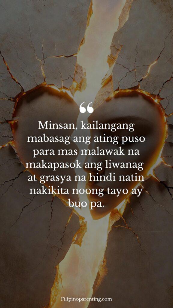 Tagalog Quotes for Healing Heart and Lessons: 5 Miraculous Truths A symbolic vertical image showing soft cracks with light shining through, paired with a Tagalog quote about grace entering through brokenness.