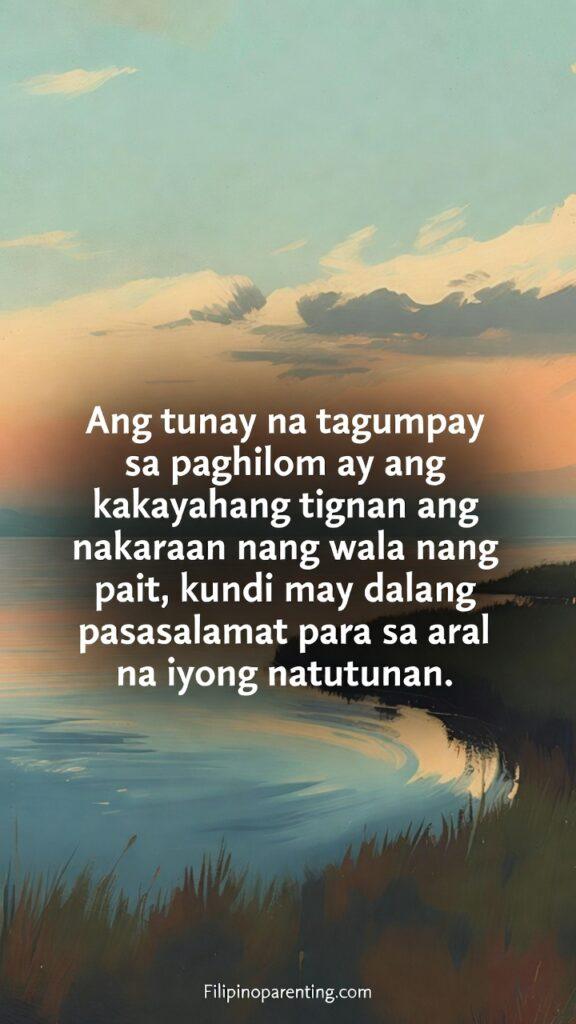 Tagalog Quotes for Healing Heart and Lessons: 5 Miraculous Truths A calm horizon-themed vertical image with a Tagalog quote about healing through gratitude and acceptance.