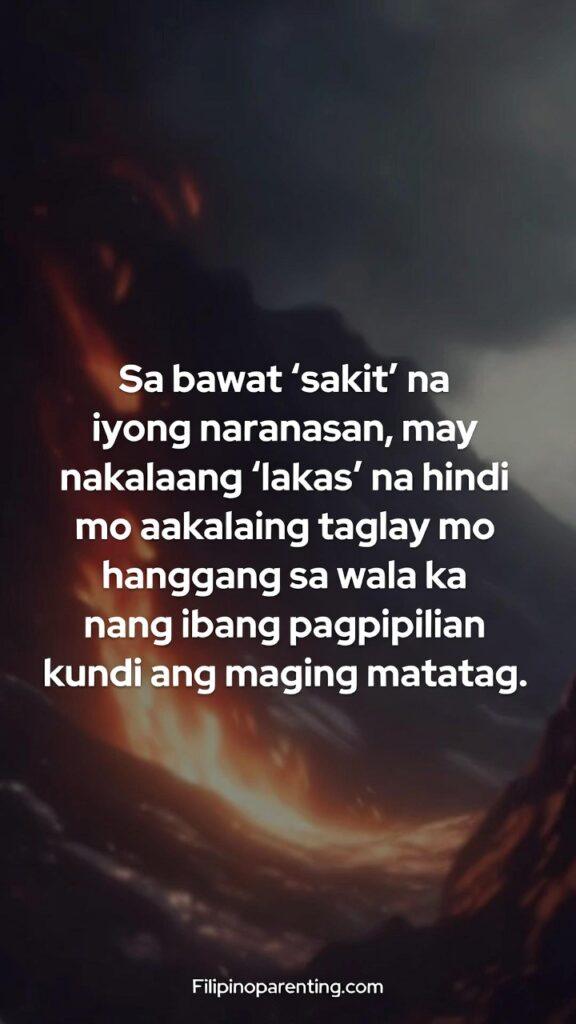 Tagalog Quotes for Healing Heart and Lessons: 5 Miraculous Truths A vertical strength-themed image with warm light and a Tagalog quote about discovering inner strength through pain.