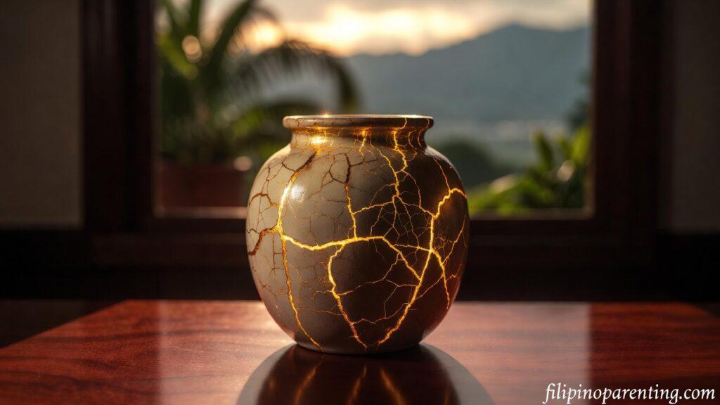 Tagalog Quotes for Healing Heart and Lessons: 5 Miraculous Truths A repaired ceramic jar with gold cracks representing Tagalog Quotes for Healing Heart and Lessons.