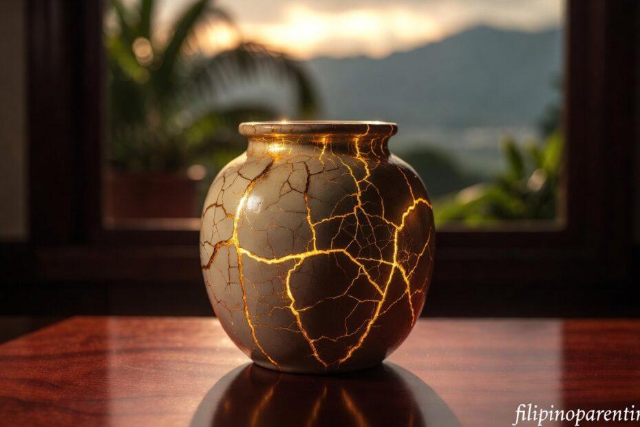 A repaired ceramic jar with gold cracks representing Tagalog Quotes for Healing Heart and Lessons.