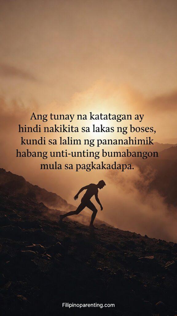 Tagalog Quotes for Inner Resilience and Strength: 5 Unshakeable Truths A person silhouetted against a rising sun, trying to regain composure by standing up after falling down.