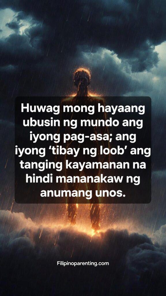 Tagalog Quotes for Inner Resilience and Strength: 5 Unshakeable Truths A glowing light emanating from a person while they stand amidst a dark, swirling storm.