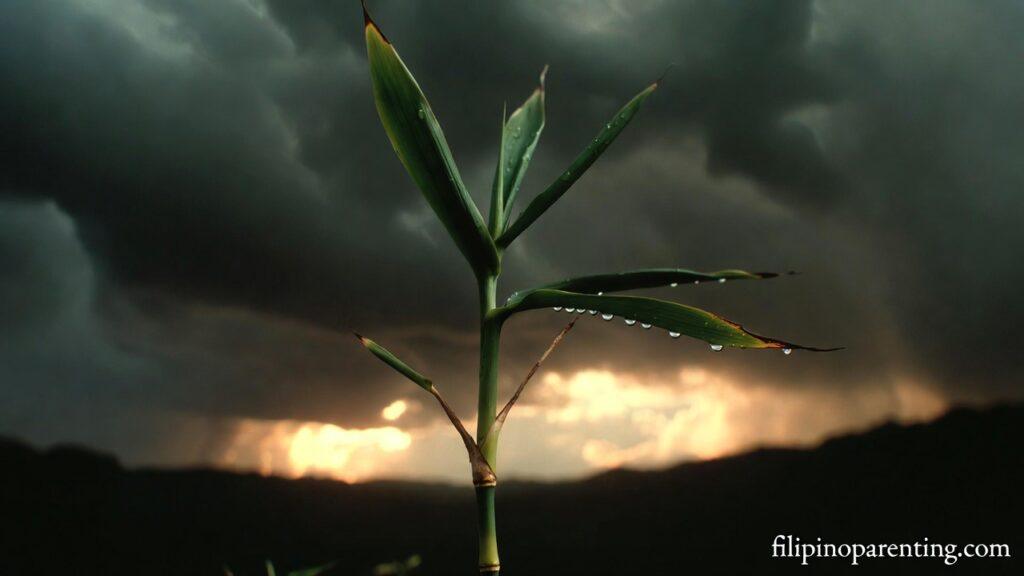 Tagalog Quotes for Inner Resilience and Strength: 5 Unshakeable Truths A green bamboo stalk in a storm representing Tagalog Quotes for Inner Resilience and Strength.