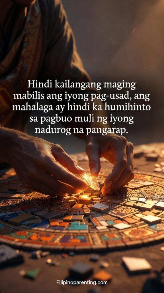 Tagalog Quotes for Inner Resilience and Strength: 5 Unshakeable Truths Hands carefully assembling pieces of a broken glowing vase or stained glass on a wooden table.