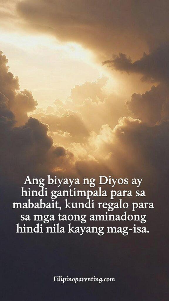 Tagalog Quotes on God’s Endless Mercy and Grace: 5 Eternal Truths A warm golden sky with soft clouds and rays of light symbolizing God’s grace, with a Tagalog quote about divine mercy.
